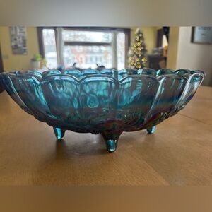 Vintage Iridescent Carnival Glass Footed Bowl – Blue/Teal Fruit Design